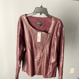New Worthington Moto Jacket Womens L  Faux Leather Maroon Berry Crop Casual